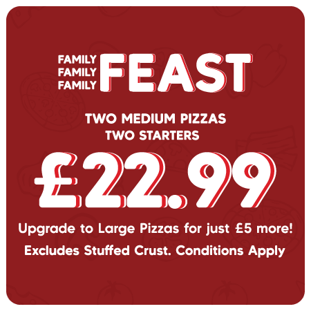 Family Feast (2 Medium Pizzas + 2 Starters)